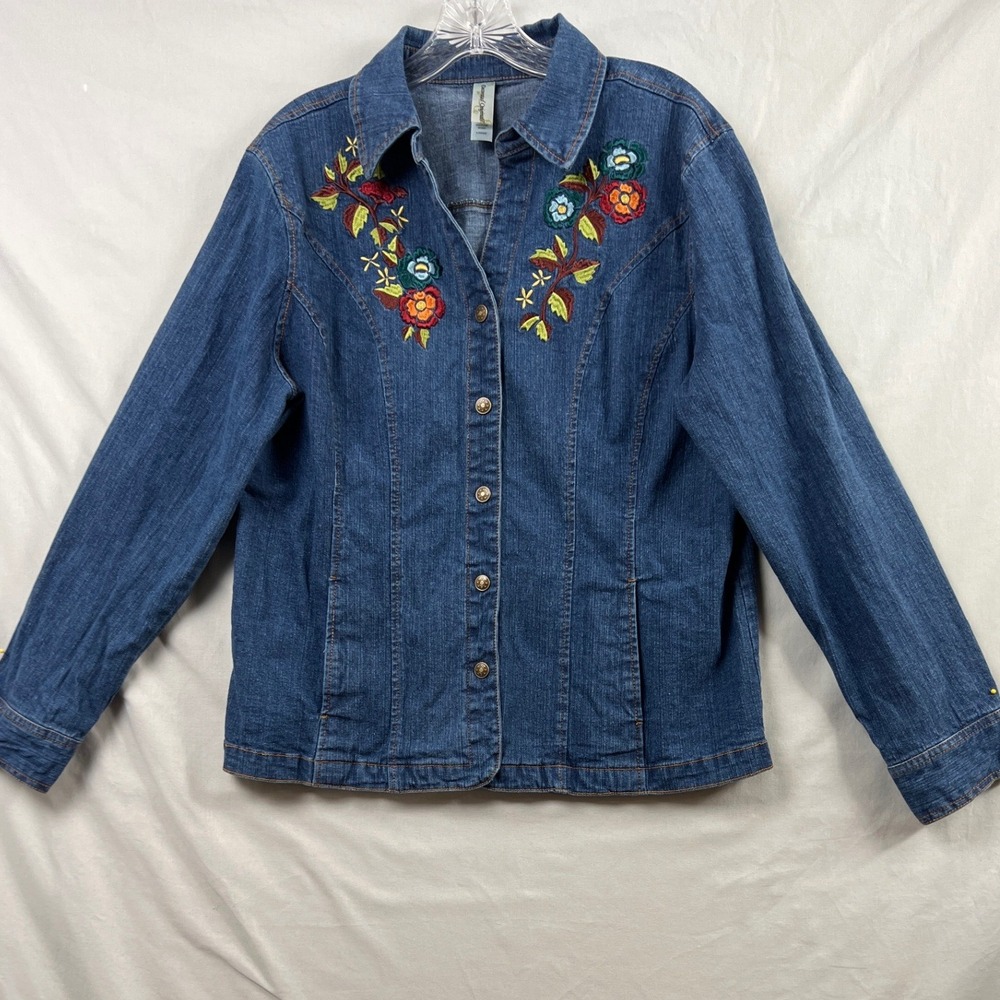 Decorated Originals Denim Jacket Womens Large Blue Floral Embroidered Button Up